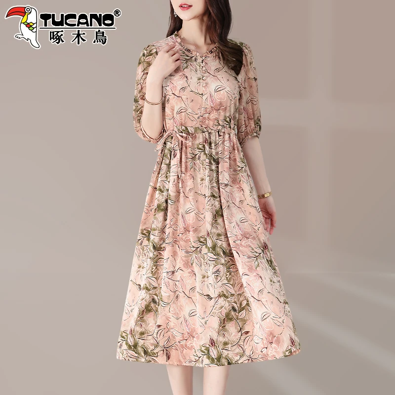 啄木鸟雪纺连衣裙女夏季2025新款时尚中年妈妈中长款气质中袖裙子