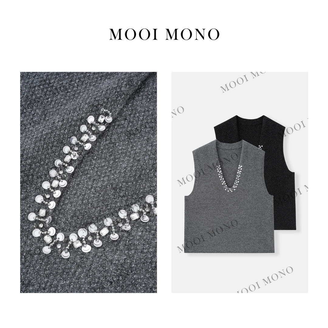 MOOI MONO"珠片风情"显瘦通勤时尚V领重工钉珠毛织背心 A419D51