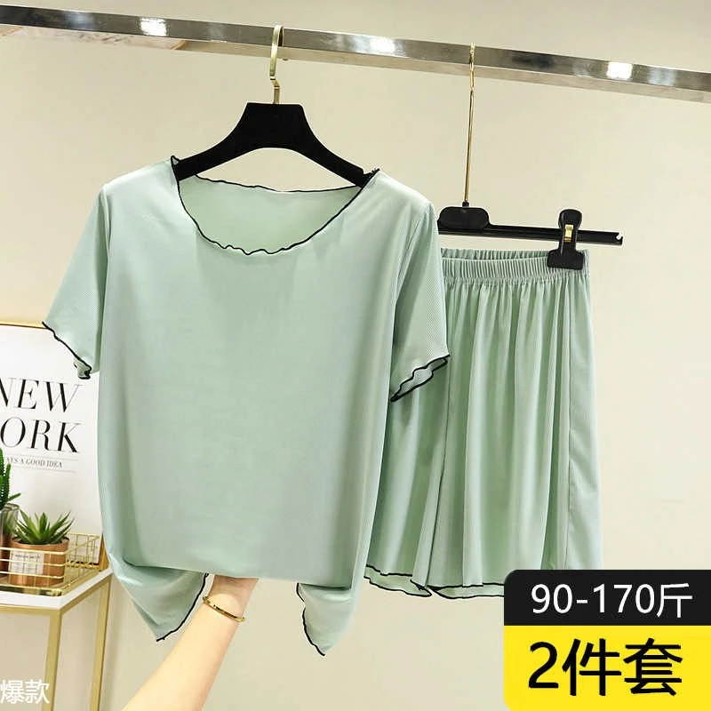 紫色高腰短裤夏季薄款宽松大码恤两件套居家睡衣套装 宽松大码两