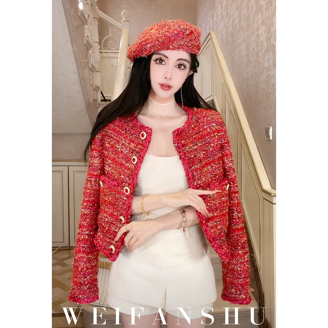 WEIFANSHU/魏凡舒【喜乐福星】早春新款红色名媛粗花呢小香风外套