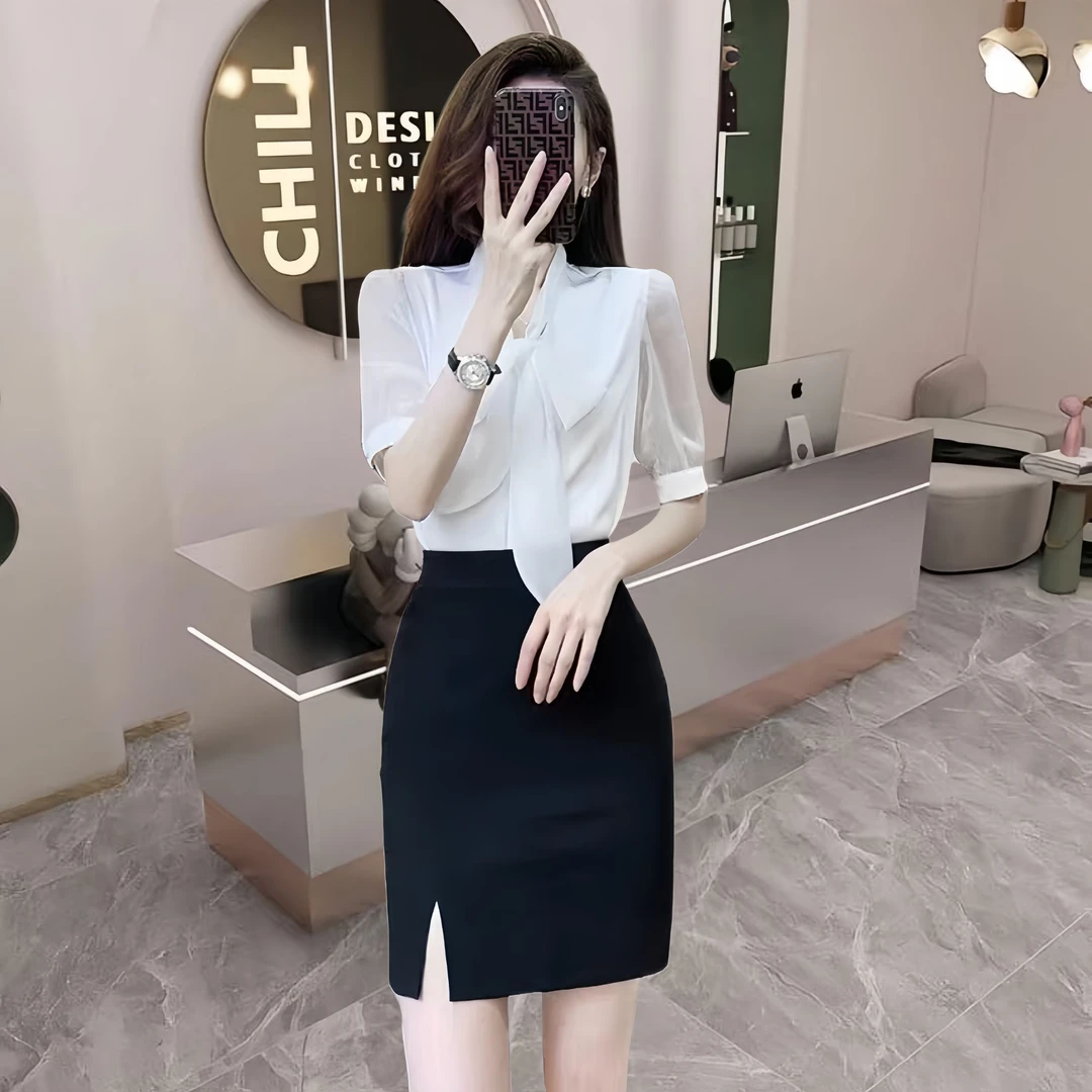 白色夏款衬衫短袖气质小众开叉包臀裙轻熟美容师显瘦洋气法式御姐