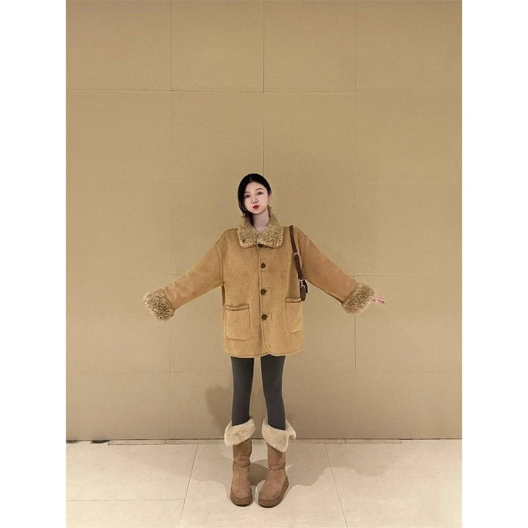 2025新款复古风毛领长袖工装夹克外套女秋季保暖显瘦百搭中长上衣