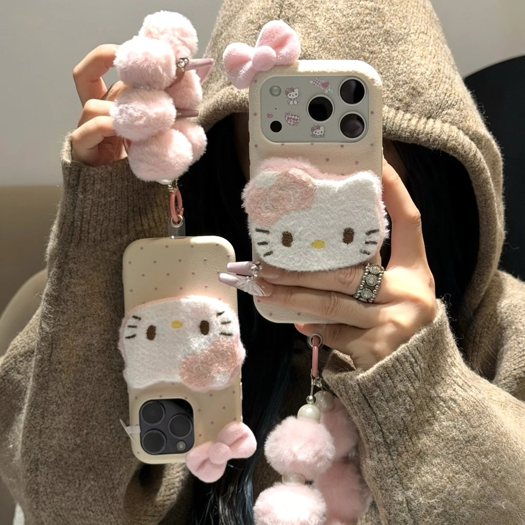 毛绒KT猫公仔挂绳适用苹果17/16promax手机壳华为P70vivo小米15潮