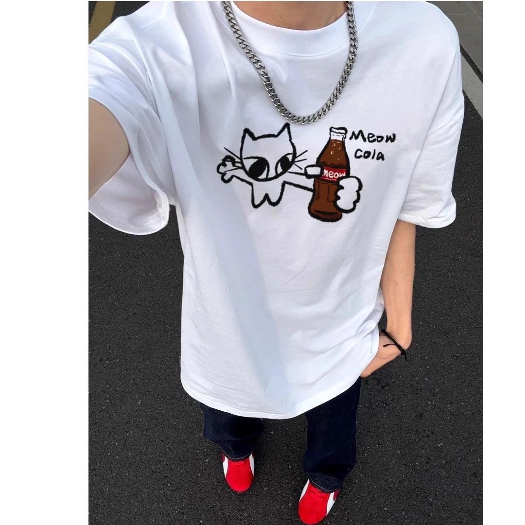 美式复古趣味可乐猫设计感印花短袖男夏季宽松痞帅纯棉t恤半袖潮