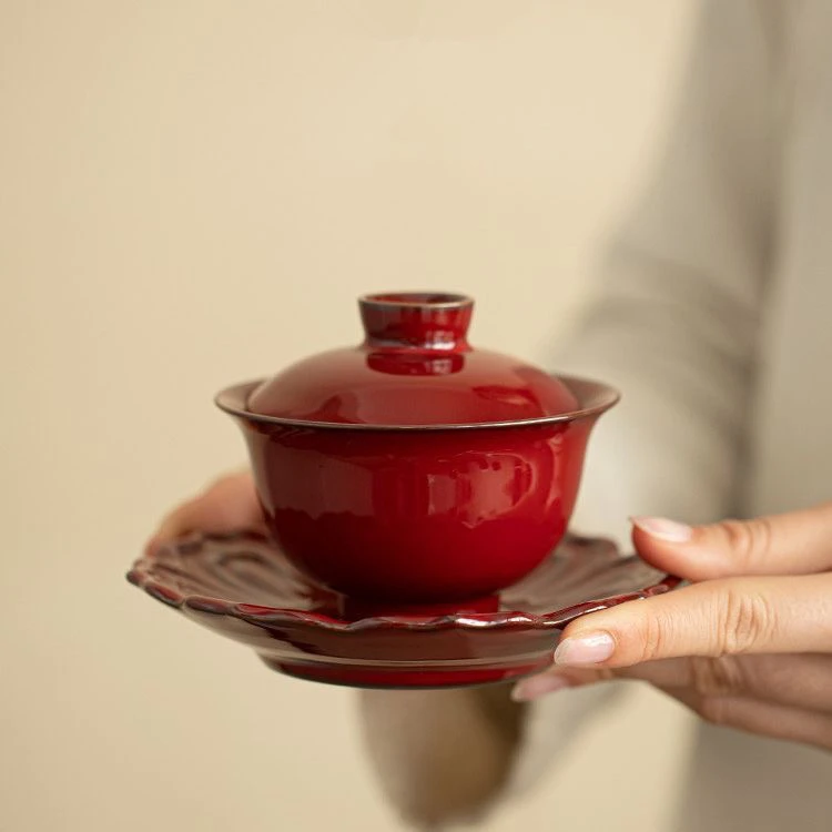 庄垂仁手作简约中式八瓣莲花郎红元宝盖碗陶瓷茶具适合家用