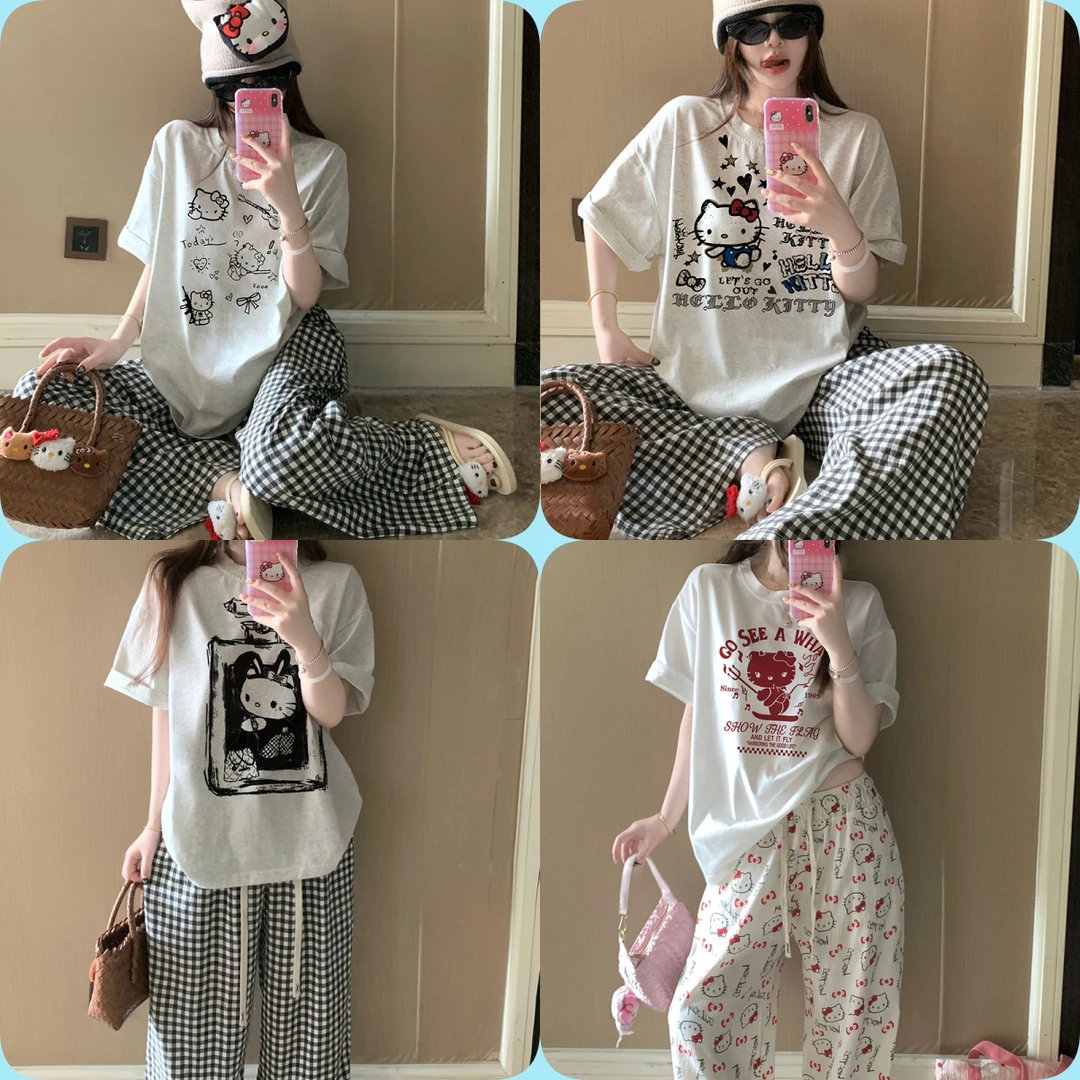 【圆领套头合集】精梳绵甜美卡通短袖长裤睡衣学生可外穿家居服套装