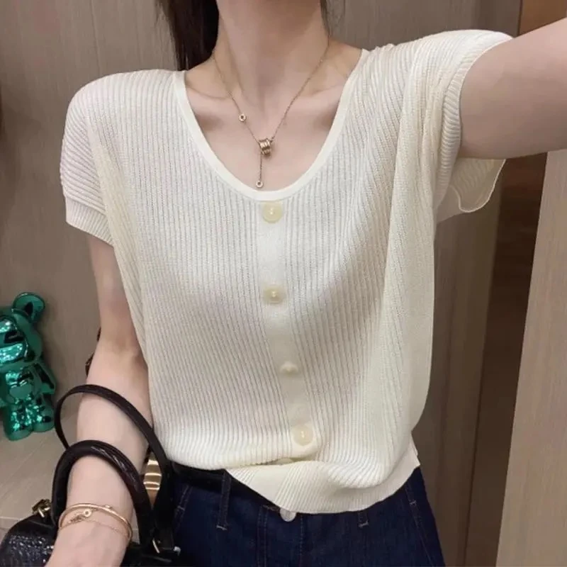 欧洲站2025春夏新款宽松U领白色针织短袖T恤女高级感简约纯色上衣