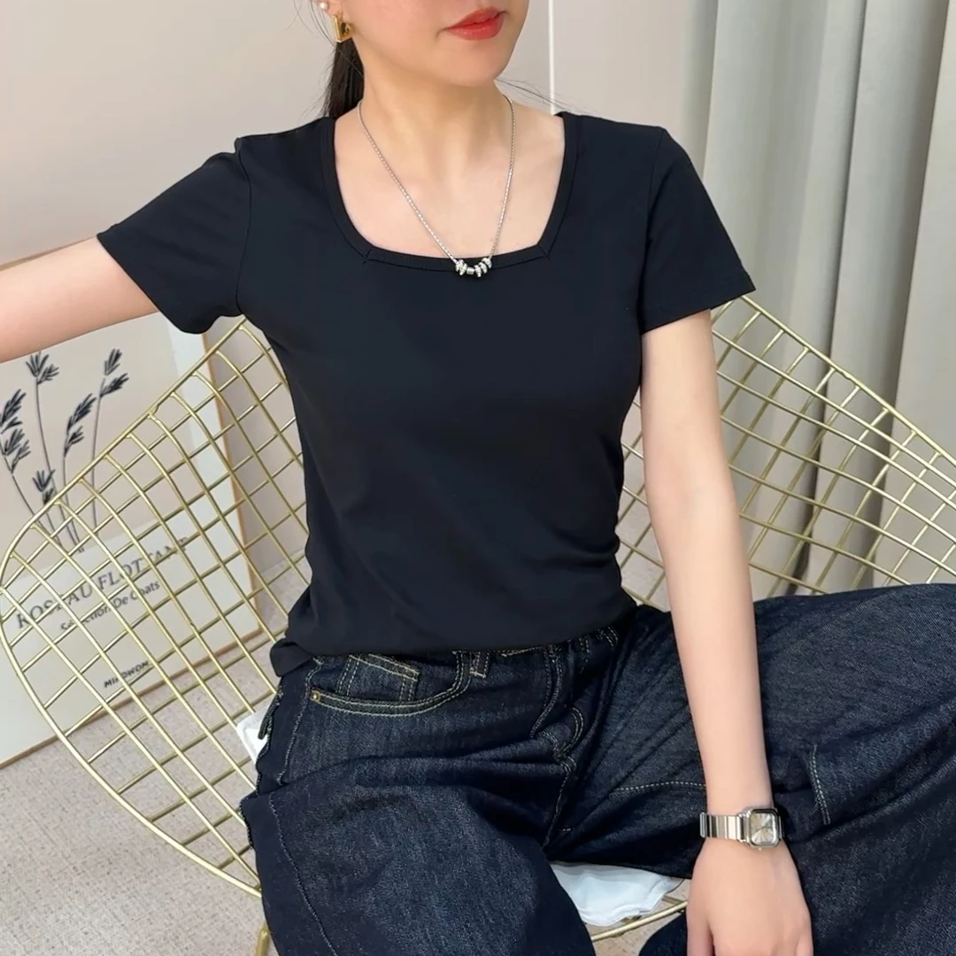 黑色方领短袖t恤女夏季新款低领修身上衣薄款棉质气质小众百搭t恤