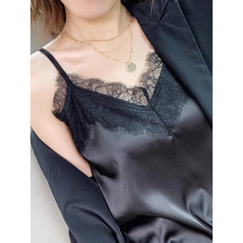 法式蕾丝小吊带背心女外穿夏美背配小西装内搭打底衣醋酸真丝上衣