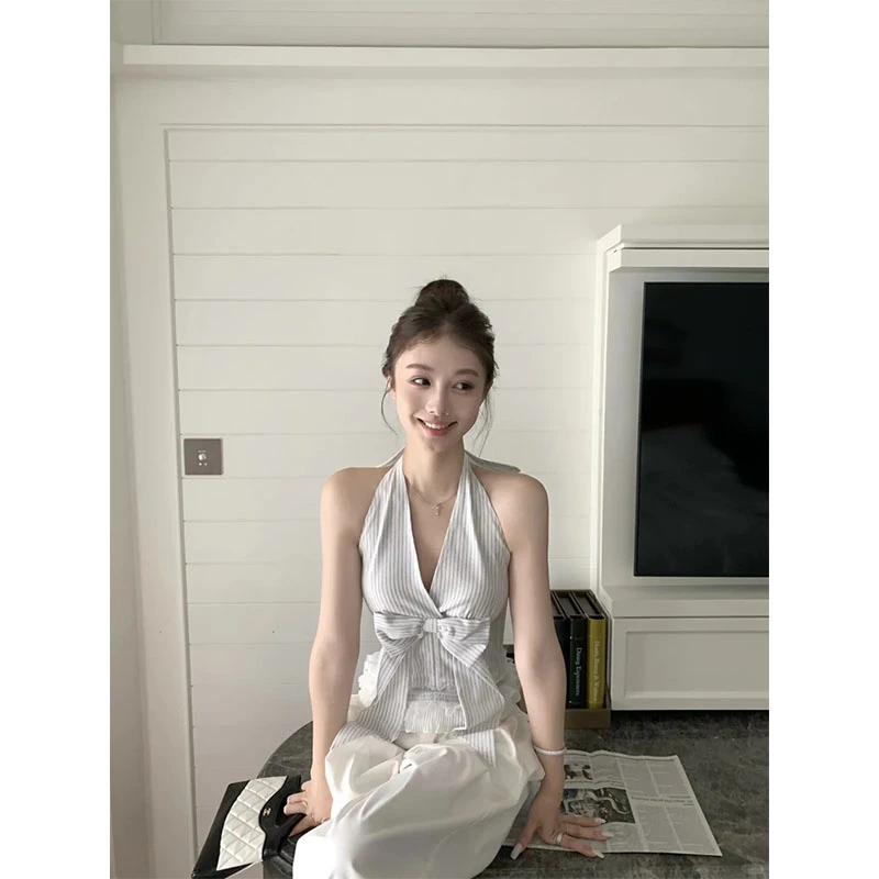 新款高级感气质挂脖蝴蝶结绑带吊带背心上衣高腰宽松直筒阔腿裤女