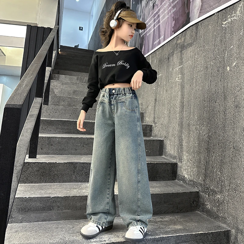 女童春季牛仔裤2025新款洋气时尚超酷直筒裤6-12岁中大童春款裤子