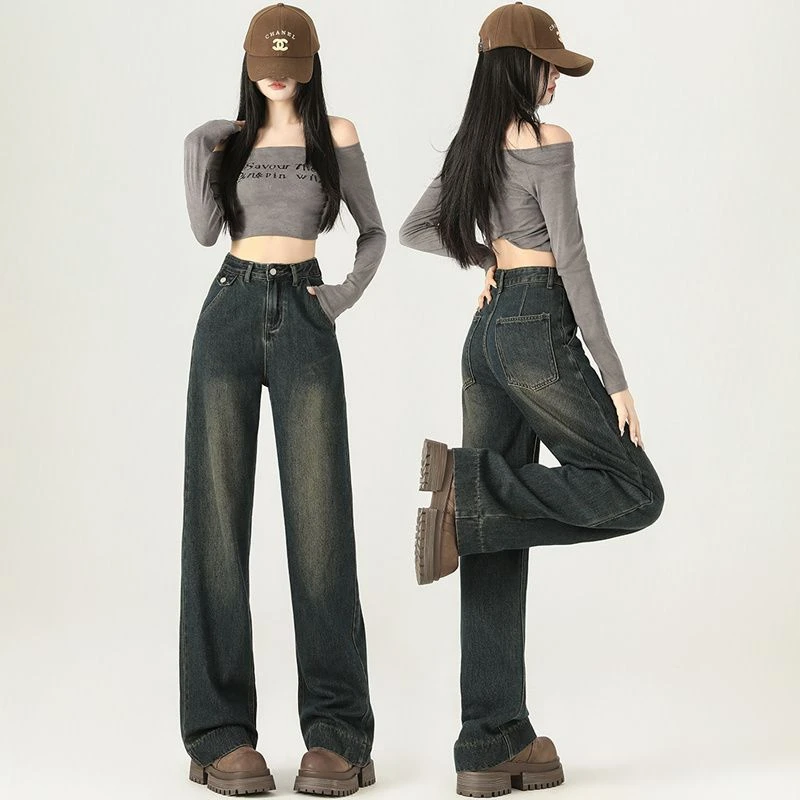 2025复古新款窄版直筒牛仔裤女高腰宽松显瘦梨形身材阔腿拖地裤子