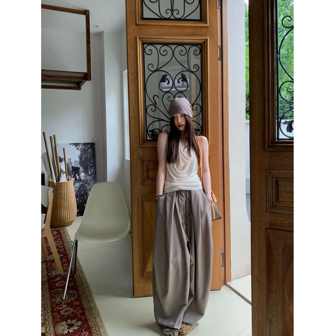 夏季阔腿伞兵裤抗皱垂感设计感休闲裤