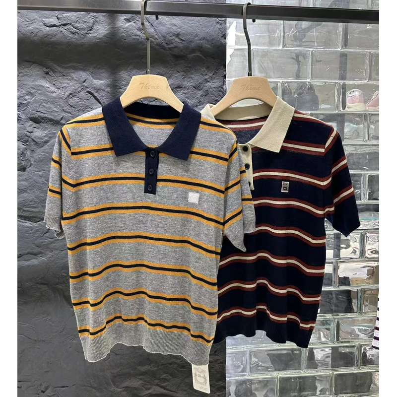 258553-320 秋季短袖修身休闲潮流条纹针织衫套头衫