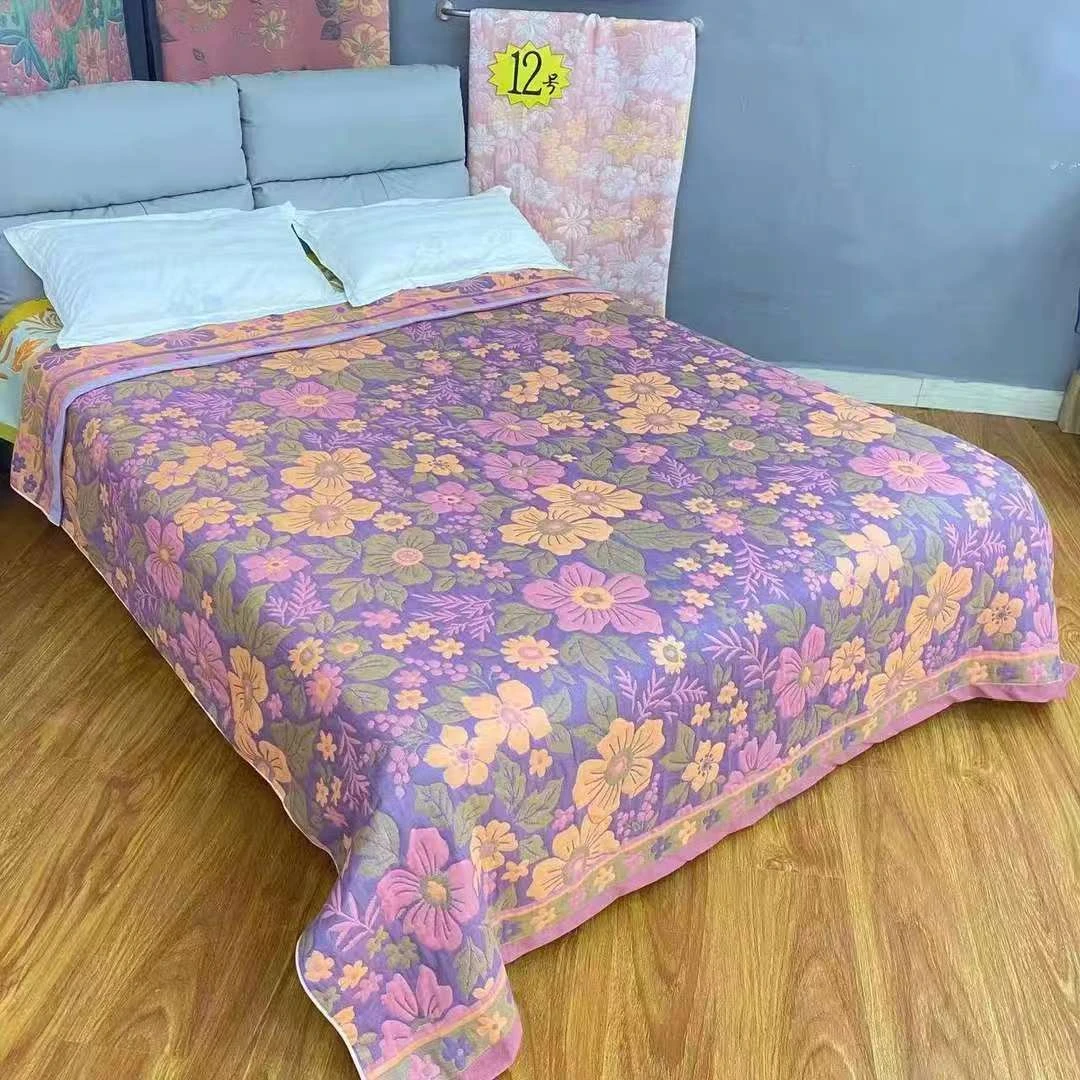紫色墨莲230X200多功能高档纱布盖被休闲毯柔软亲肤透气加大床盖
