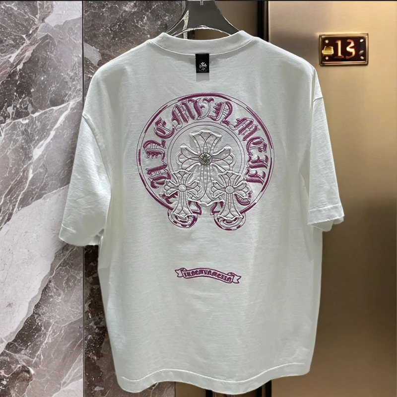 欧美街头短袖T恤男女梵文十字架贴布刺绣宽松休闲男女同款夏穿搭