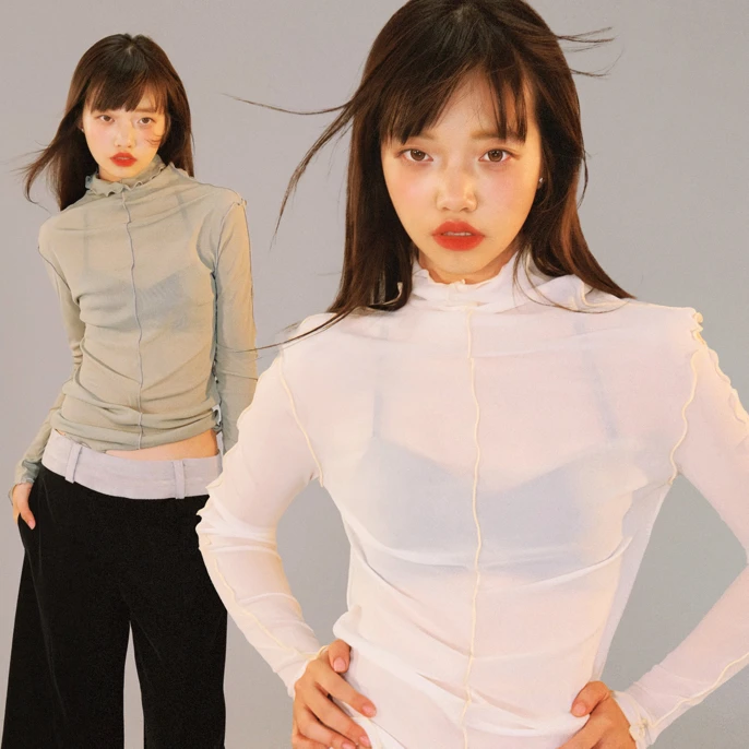 里织兀｜百搭网纱长袖高领性感紧身线条高级感小众内搭上衣女