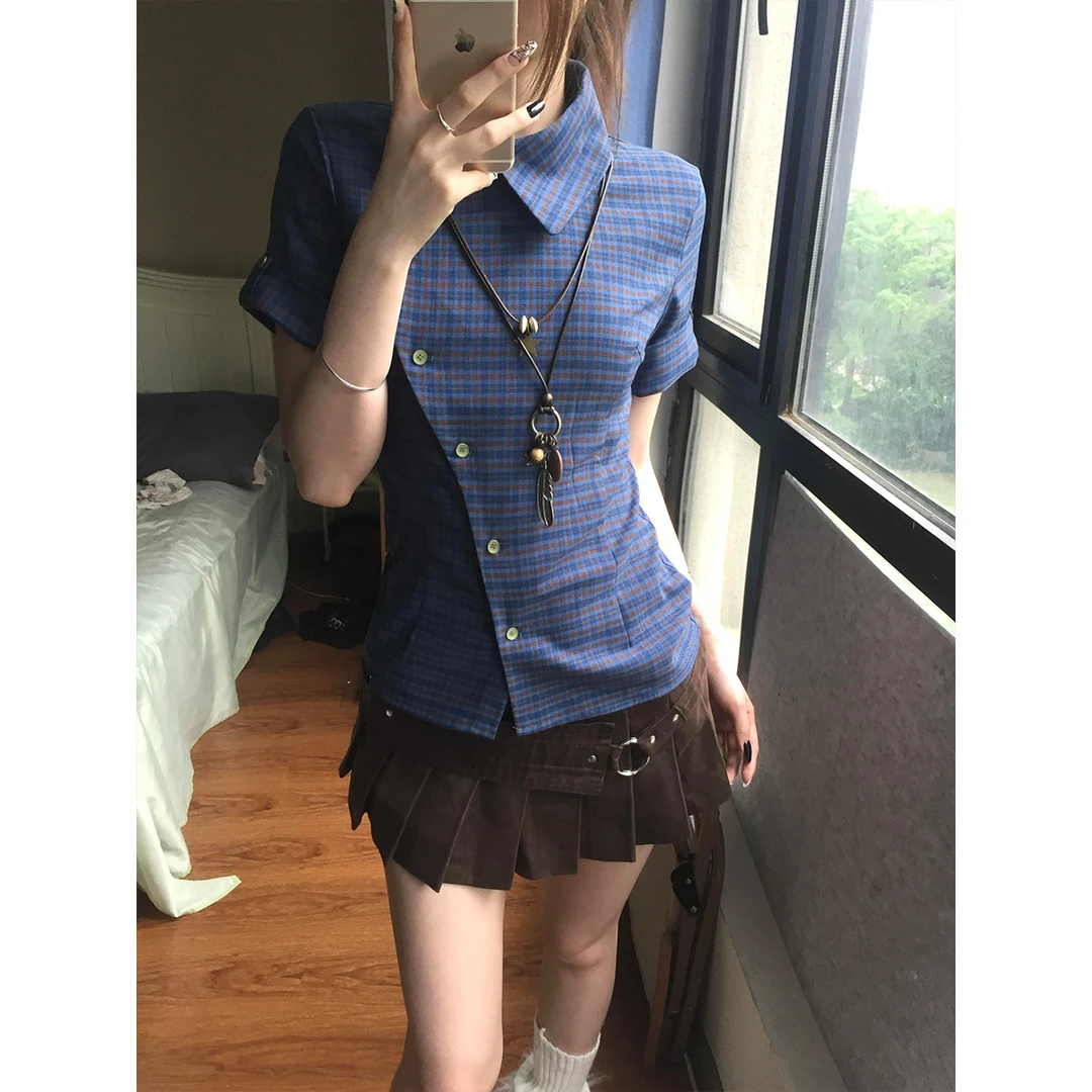 美式复古蓝色格子短袖衬衫女2025夏季新款衬衣小众设计感小衫上衣