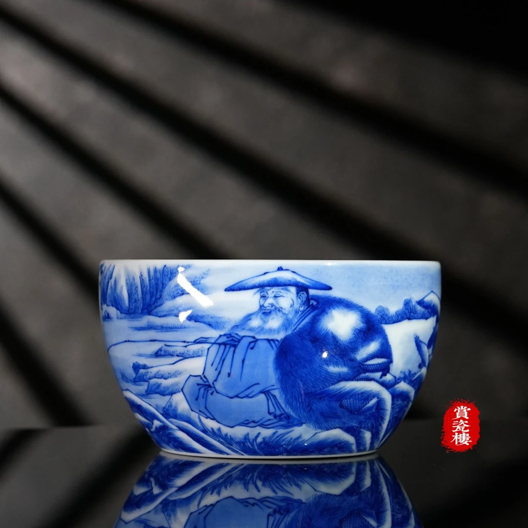 景德镇 赏瓷楼 春风祥玉邹俊窑青花寒江独钓九字珍藏缸杯手工陶瓷