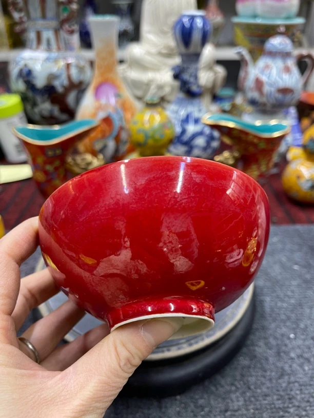 当代 红釉单色釉暗刻龙纹赏碗（6*12）