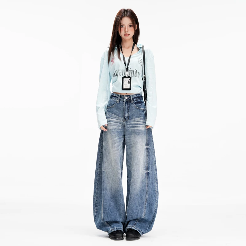 GL 双色美式复古蓝阔腿牛仔裤女秋季高腰弯刀裤显瘦超柔休闲拖地