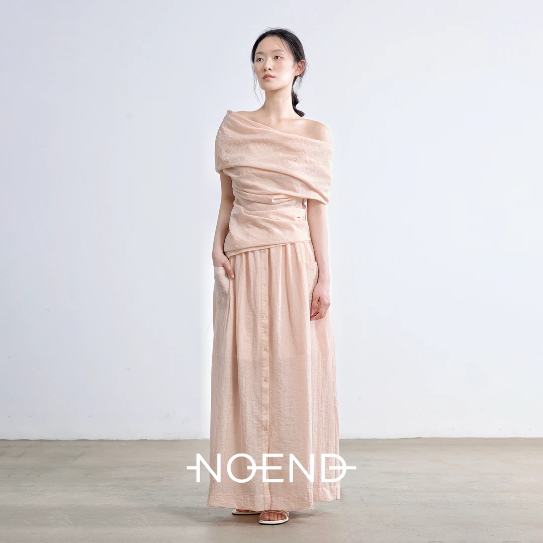NOEND【包晨希 同款】多穿不规则堆褶露肩斜肩一字肩上衣