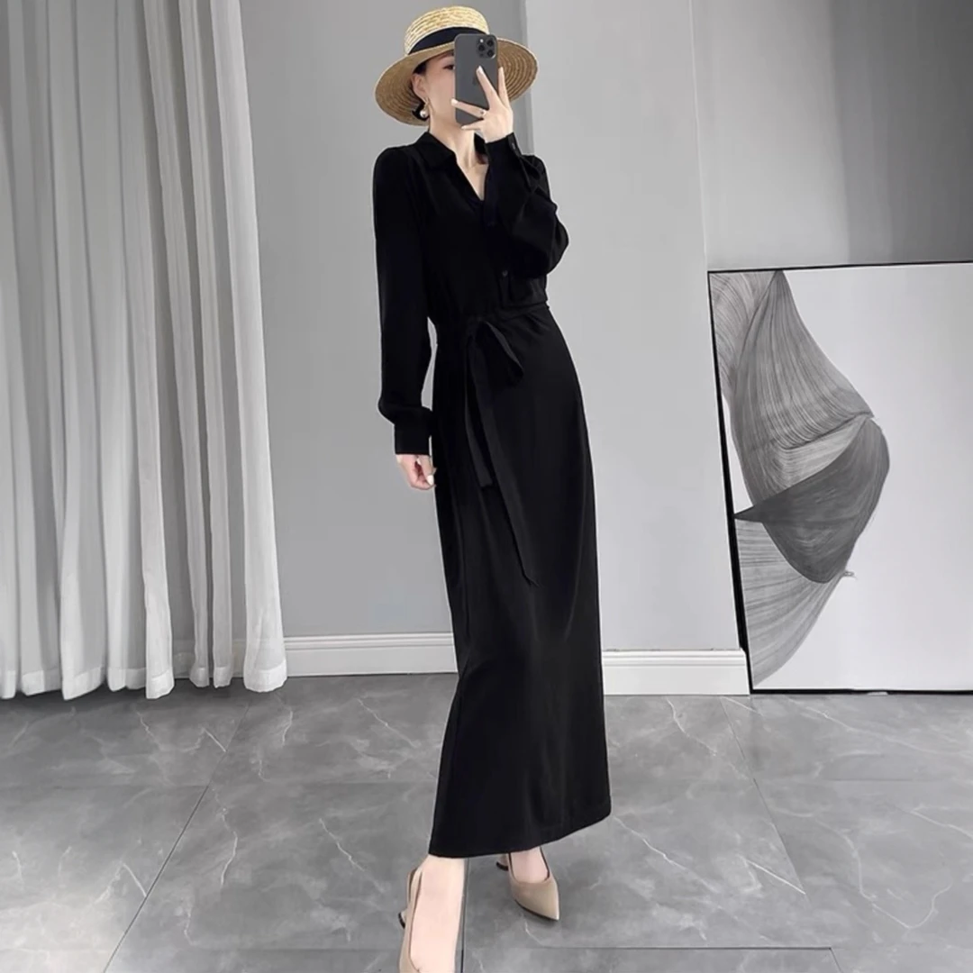 2025秋季大码韩版宽松显瘦系带高腰衬衫连衣裙女胖mm收腰气质长裙