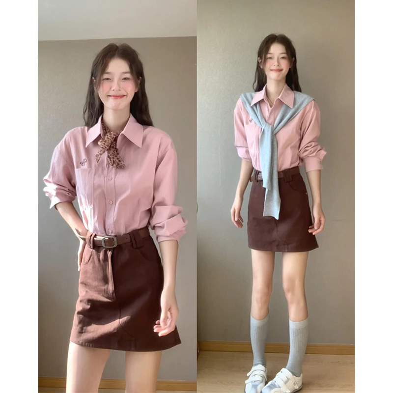 parkyeon早秋季韩系学院风粉色衬衫女高腰显瘦a字包臀半身裙套装