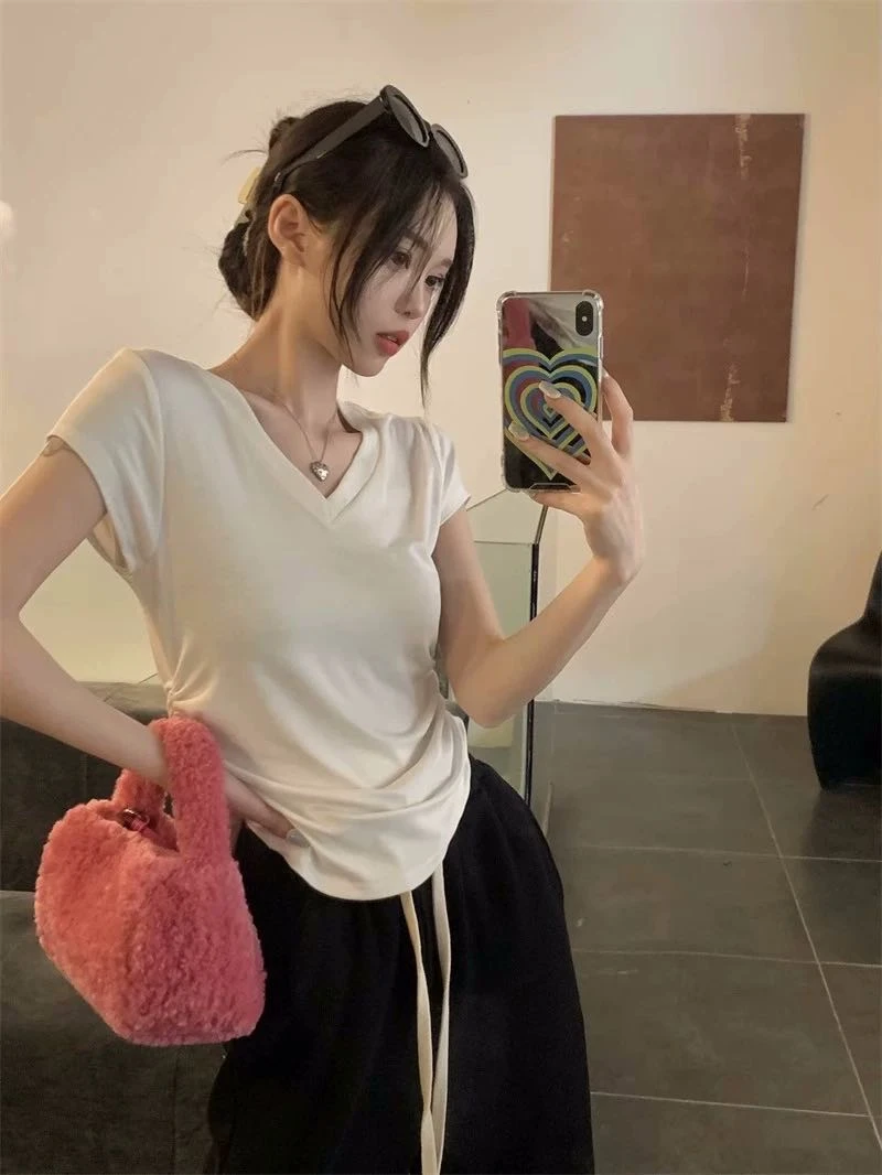 深圳南油白桃美美 休闲风时尚褶皱T恤修身韩版新款纯色短袖A2447