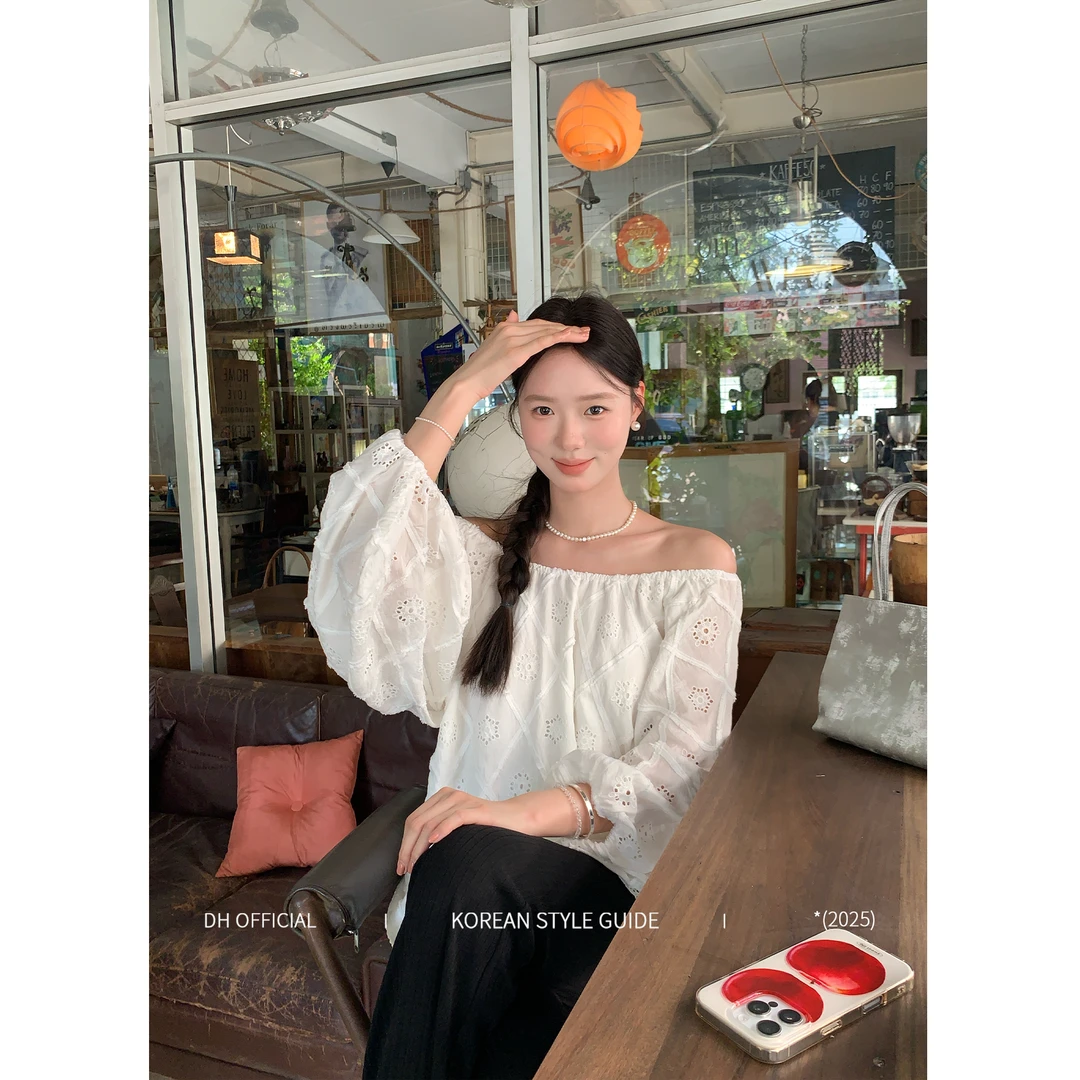 DH OFFICIAL 大花【怦然心动 white】一字肩法式气质衬衫法式小众