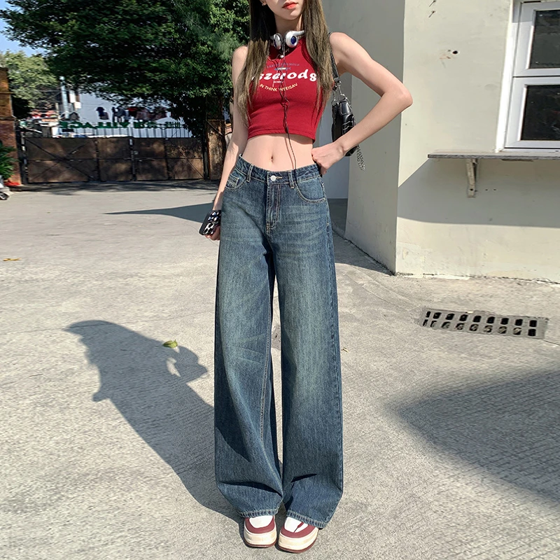 重磅高腰阔腿牛仔裤女夏季新款猫须复古蓝色磨白水洗百搭直筒长裤