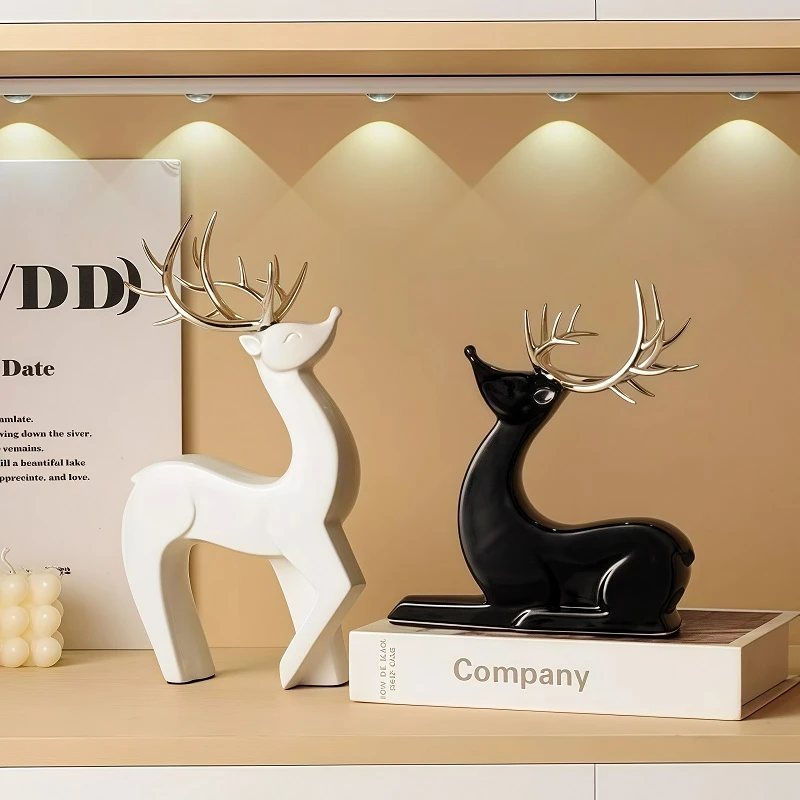 黑白福鹿双至小鹿陶瓷摆件轻奢高级感麋鹿客厅酒柜电视柜装饰送礼