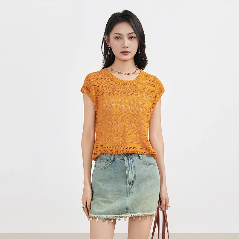 爱客2025年夏季纯色短袖镂空圆领可爱女薄款毛针织衫YA25218R502