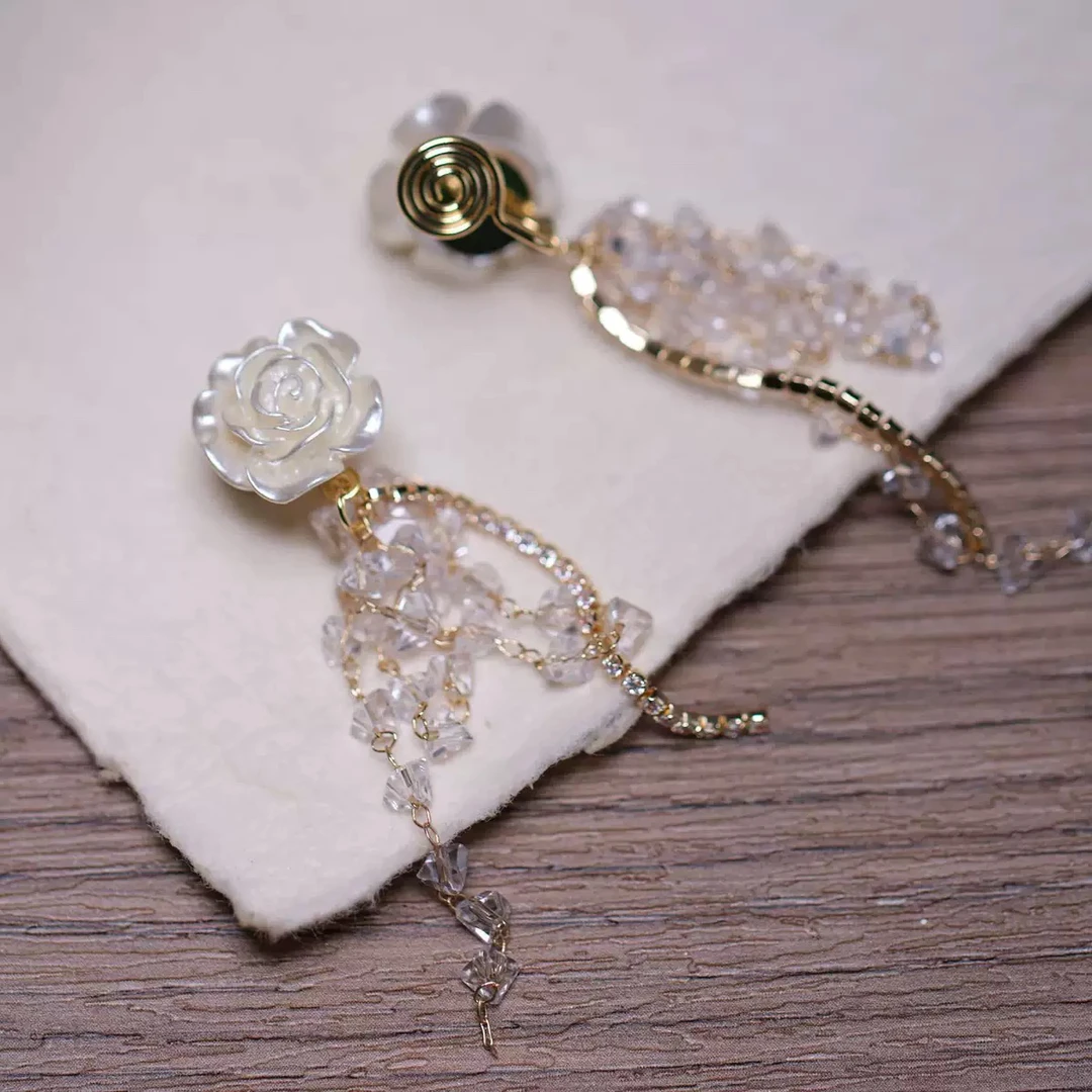 铜合金耳饰 山茶花流苏长款气质高级感无耳洞女夏蚊香盘耳夹