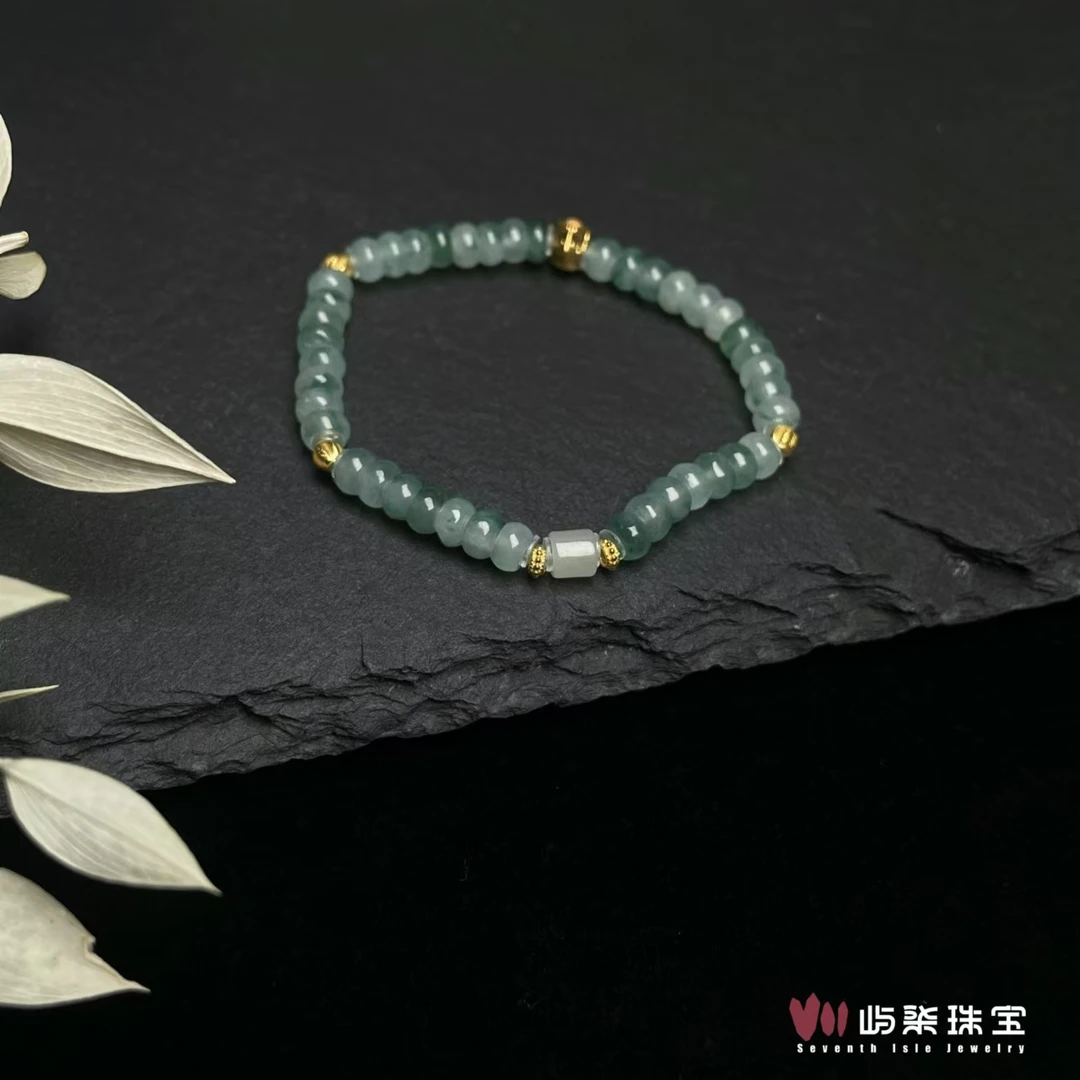 【要努力】F498 翡翠18k金镶嵌 玉凌 飘花算盘珠手串