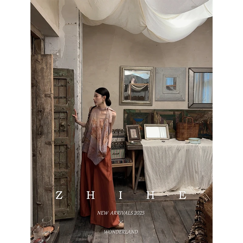 无艳一禾【日暮扶桑】静奢印花吊带挂脖上衣+阔腿裤