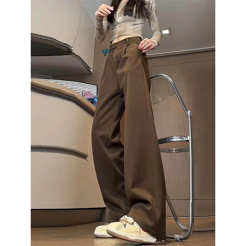 美式复古咖啡色裤子小个子男生美拉德磨毛毛呢裤垂感高腰微喇西裤