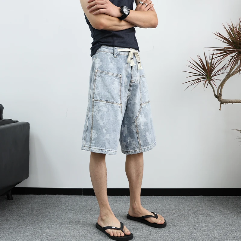 美式高街浅色迷彩休闲短裤男夏季宽松大码直筒牛仔裤潮流五分中裤