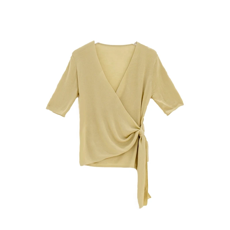 莱赛尔天丝显瘦气质夏季v领设计感打底衫交叉上衣YY-022