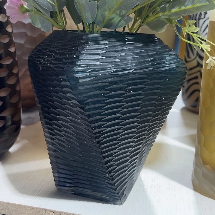 琉璃手工艺品兰色磨刻花瓶花器高20口9