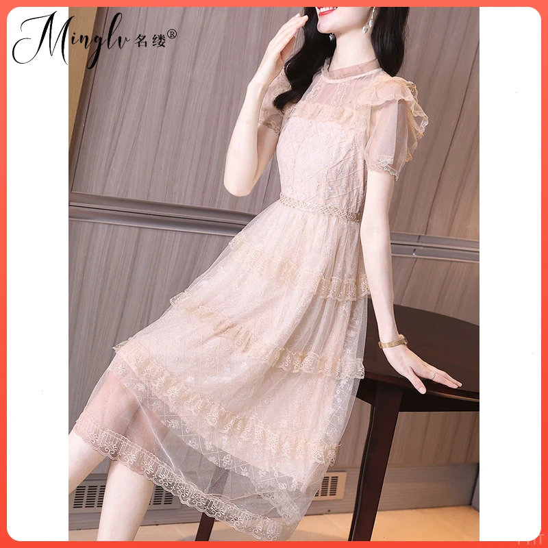 夏季新款法式气质高级感蕾丝网纱刺绣礼服裙浪漫复古荷叶边连衣裙