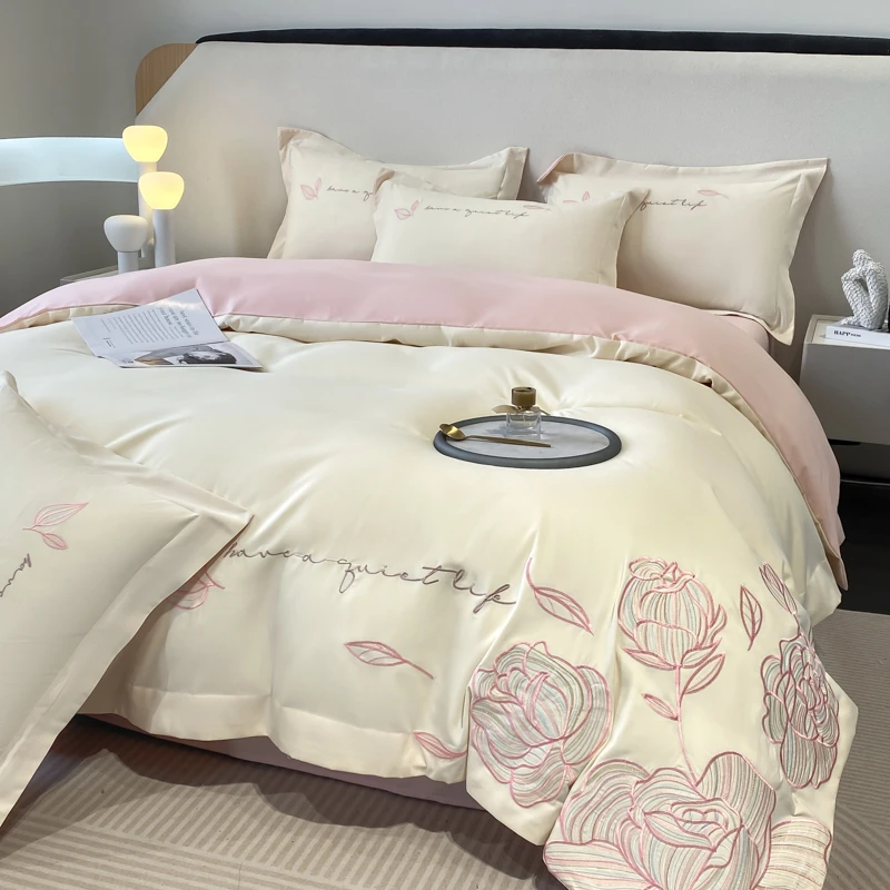 富安娜夏季新款全棉纯棉高档轻奢刺绣床单床笠款四件套柔软亲肤