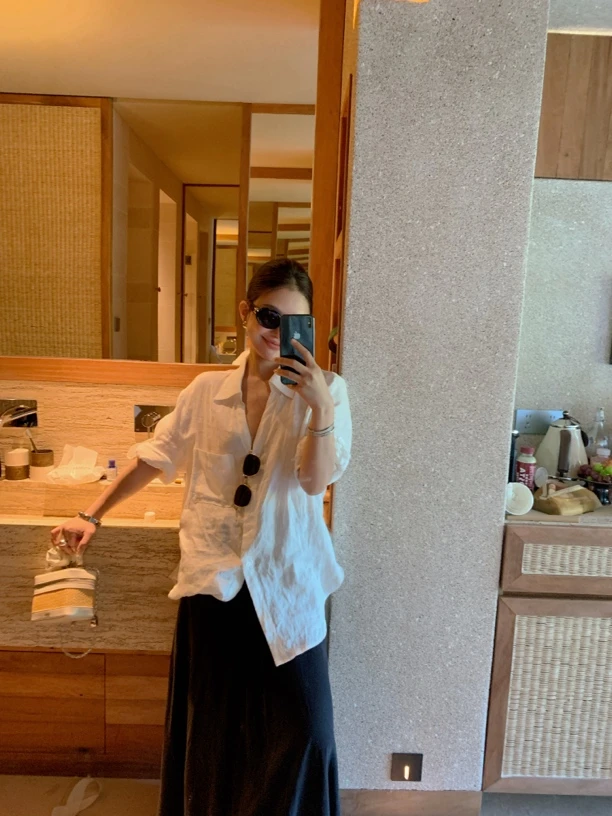 【WANG】LP老钱衫｜口袋亚麻夏季新款翻遍衬衫上衣女YZ2371