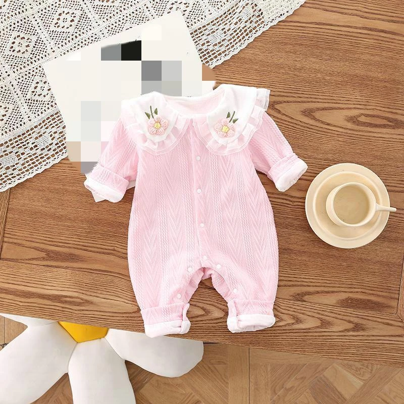 春秋新款女宝宝百天洋气可爱公主风外出连体衣婴双层长袖哈衣服