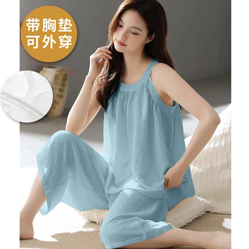 女士带胸垫睡衣夏季透气网红爆款外穿防凸点背心七分裤家居服套装
