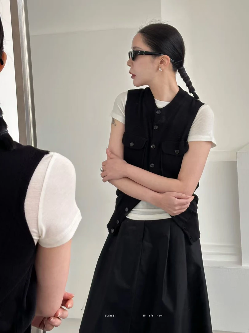 ELSISSI松弛感简约无袖圆领坎肩针织马甲