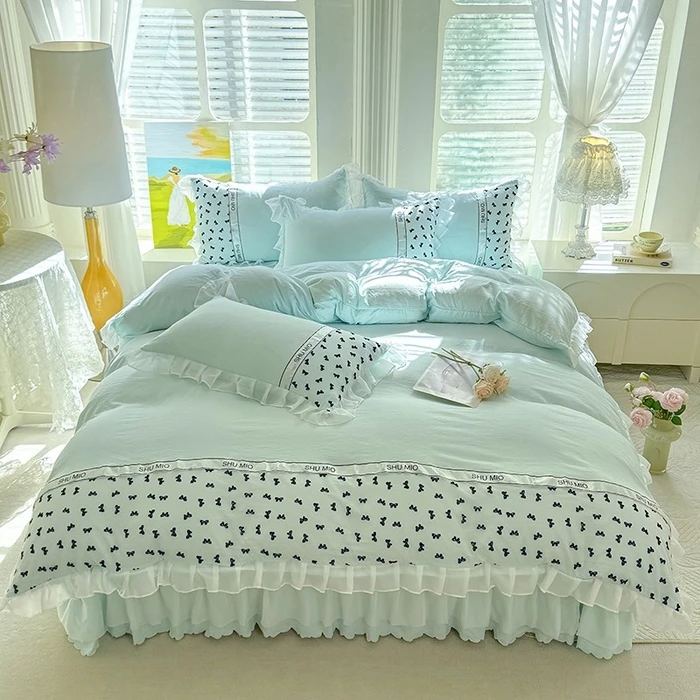 韩版小清新公主风水洗绵柔轻奢少女心四件套床裙款印花蕾丝花边