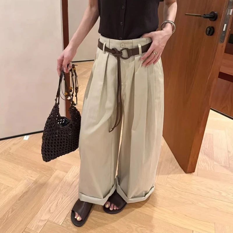 美拉德复古风卡其色阔腿裤女夏季新款高腰宽松垂坠感慵懒休闲裤子