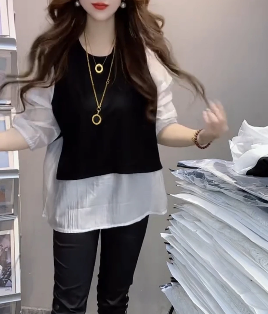 显瘦遮肉假两件拼接五分袖小衫