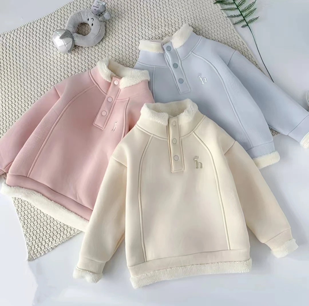 新款女童卫衣加绒加厚时尚百搭冬季保暖上衣洋气长袖立领排扣款通